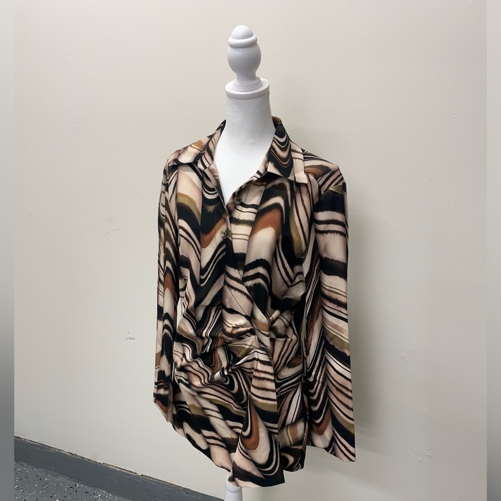 Zara Wave Geometric Lines Groovy Brown Dress Size Large Long Sleeve Collar